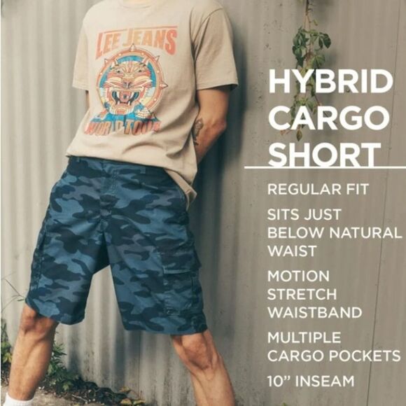 Lee NEW Men's Hybrid Cargo Short Flex Motion Waistband Blue Camo Size 30 Casual - Picture 2 of 8